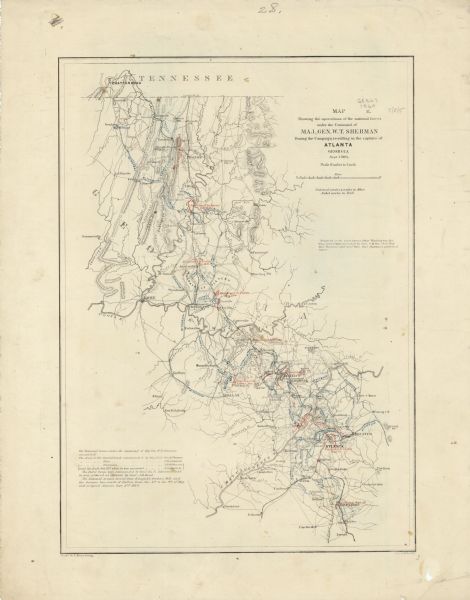 This map of northwestern Georgia shows dates and troop positions between Chattanooga, Tennessee, and Jonesboro, Georgia, May-September, 1864. Wisconsin units involved in military actions in this theater included the 1st Wisconsin Cavalry, 5th Wisconsin Light Artillery, 10th Wisconsin Light Artillery, 1st Wisconsin Infantry, 3rd Wisconsin Infantry, 10th Wisconsin Infantry, 12th Wisconsin Infantry, 15th Wisconsin Infantry, 16th Wisconsin Infantry, 17th Wisconsin Infantry, 21st Wisconsin Infantry, 22nd Wisconsin Infantry, 24th Wisconsin Infantry, 25th Wisconsin Infantry, 26th Wisconsin Infantry, 31st Wisconsin Infantry, and 32nd Wisconsin Infantry.