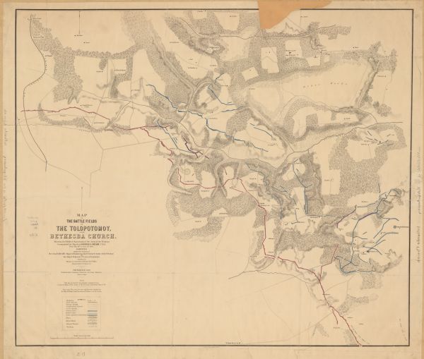 This battlefield map of the Battle of Totopotomoy Creek, also known as the Battle of Bethesda Church, shows the railroads, roads, vegetation and topography of the area and illustrates the Union and Confederate positions during the battle, which occurred May 28 through June 2, 1864. Wisconsin troops participating in the Battle of Totopotomoy Creek included the 2nd Wisconsin Infantry, 3rd Wisconsin Infantry, 6th Wisconsin Infantry, 7th Wisconsin Infantry, and the 1st United States Sharpshooters.