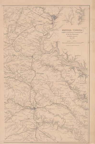 This battlefield map of the Battle of Totopotomoy Creek, also known as the Battle of Bethesda Church, shows the railroads, roads, vegetation and topography of the area and illustrates the Union and Confederate positions during the battle, which occurred May 28 through June 2, 1864. Wisconsin troops participating in the Battle of Totopotomoy Creek included the 2nd Wisconsin Infantry, 3rd Wisconsin Infantry, 6th Wisconsin Infantry, 7th Wisconsin Infantry, and the 1st United States Sharpshooters.