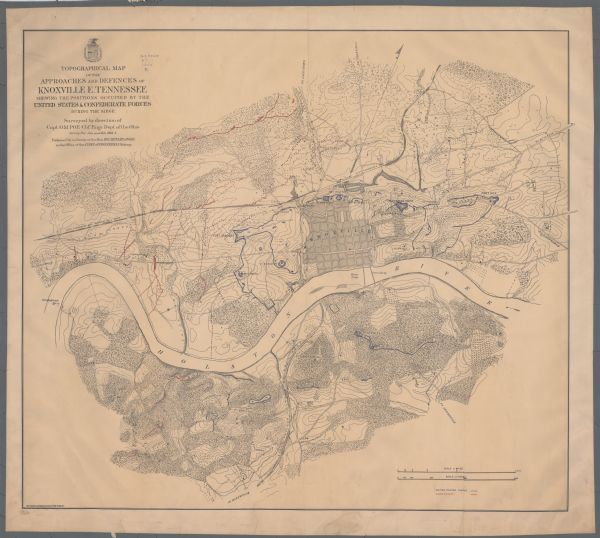 This map depicts the positions of Union forces, in blue, and Confederate forces, in red, at the end of 1863 after the cessation of the Knoxville Campaign. Roads, railroads, contour lines, spot elevations, vegetation, drainage, and houses are also shown.