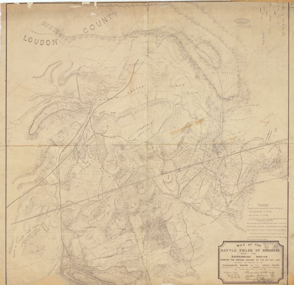 This map of the area of the First Battle of Bull Run shows military positions and troop movements as well as the names of landowners, vegetation and land use, drainage and fords, and roads and railroads. The 2nd Wisconsin Infantry made several unsuccessful assaults on the enemy positions at Bull Run, losing 19 men killed and 114 wounded.