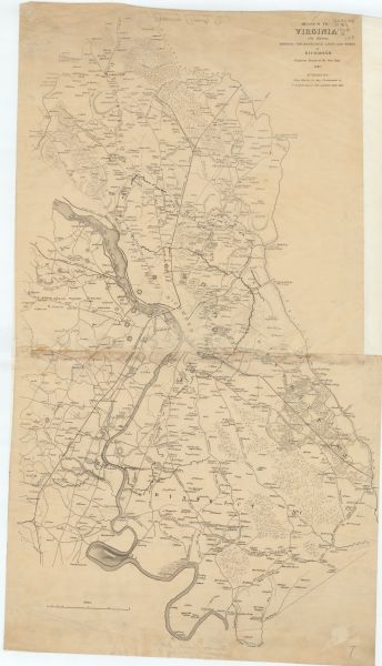This map created during the Civil War indicates Confederate fortifications, houses, names of residents, towns, roads, railroads, relief by hachures, drainage, and vegetation.