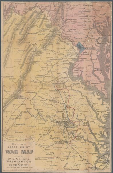 Map of eastern Virginia and part of Maryland, showing engagements by crossed swords, fortifications surrounding Richmond, routes of the opposing armies from Fredericksburg to Petersburg, roads, railroads, towns, drainage, and relief by hachures. Grant's route is shown in red and Lee's route is in blue. A few important Civil War sites are underlined in red. The 5th Wisconsin Infantry, 6th Wisconsin Infantry, 7th Wisconsin Infantry, 19th Wisconsin Infantry, 36th Wisconsin Infantry, 37th Wisconsin Infantry and 38th Wisconsin Infantry regiments and the 4th Wisconsin Light Artillery battery were all involved at Petersburg.