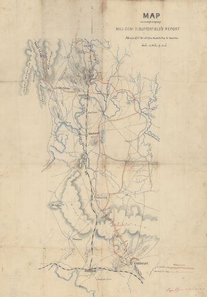 This map illustrates the route taken by the 3rd Division, 20th Corps, Army of the Cumberland under the command of Daniel Butterfield from the Snake Creek Gap, near Tilton, Georgia, to Cassville, Georgia, in May 1864. The unit, which included the 22nd Wisconsin Infantry and the 26th Wisconsin Infantry, participated in the battle of Resaca, Georgia, on May 14-15, 1864.