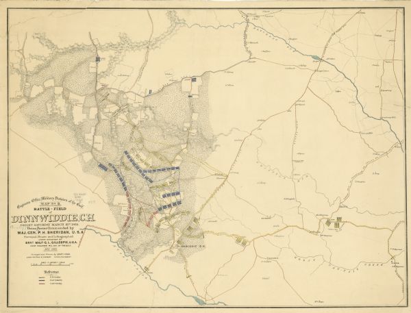 This map of the battlefield shows U.S. infantry positions in blue, U.S. cavalry positions in yellow, Confederate positions in red, roads, drainage, vegetation, relief by hachures, houses and names of residents.