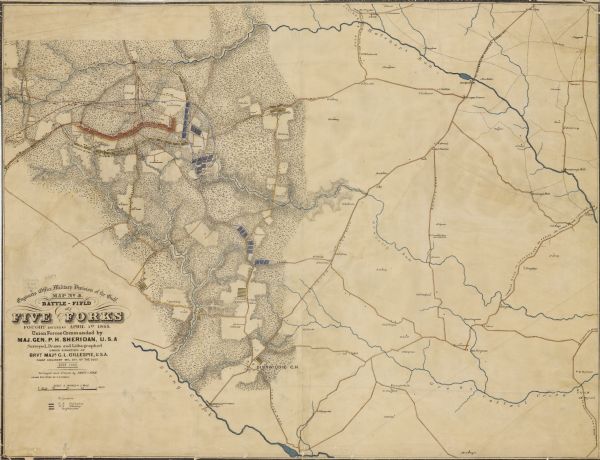 This map of the battlefield at Five Forks, Va., shows Union and Confederate positions, roads, drainage, vegetation, relief by hachures, and names of residents. The 6th Wisconsin Infantry and the 7th Wisconsin Infantry participated in the Battle of Five Forks on April 1, 1865.