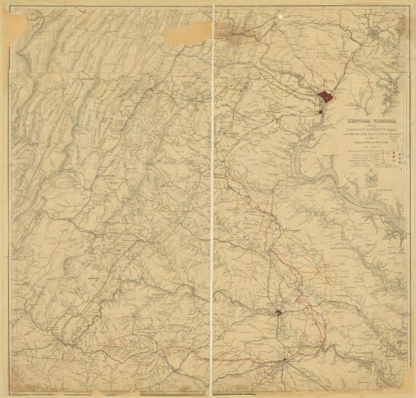 Map extends from Harper's Ferry in the north to Petersburg in the south and from Lexington east to Heathsville. The routes of the II, V, VI, IX, XVIII, and XIX corps, the regular cavalry, and Sheridan's cavalry are identified by colored lines. The badges of the corps are given in the legend. The map also indicates roads, railroads, towns, drainage, and relief by hachures.