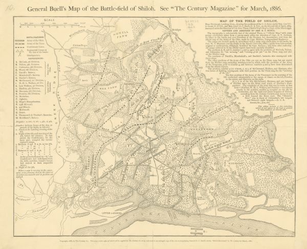 This detailed map shows the positions of the armies of the Ohio and Tennessee, Confederate lines, headquarters, "regimental camps at the date of the battle" roads, houses, drainage, vegetation, fields, and relief by hachures. The letters A-W identify Union divisions and batteries. "Numbers indicate hours of the day, or periods of the battles . . . " Also included are references and text about the map. The 14th Wisconsin Infantry, 16th Wisconsin Infantry, and 18th Wisconsin Infantry regiments fought at Shiloh.