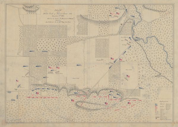Pen and ink tracing by Lt. Napoleon Boardman of the 2nd Wisconsin Cavalry, is colored to show positions of forces and depicts the positions of Union and Confederate forces at the Battle of Prairie Grove, Dec. 7, 1862. The 20th Wisconsin Infantry and 3rd Wisconsin Cavalry fought at Prairie Grove.