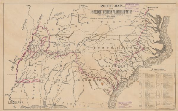 Map prepared by John B. Tripp (1843-1933), a musician serving in Company A of the 32nd Wisconsin Infantry, shows the route taken by the 32nd between Nov. 1, 1862, when they arrived in Cairo, Ill., and May 24, 1865, when they arrived in Washington, D.C. A table provides dates of arrivals and distances covered.