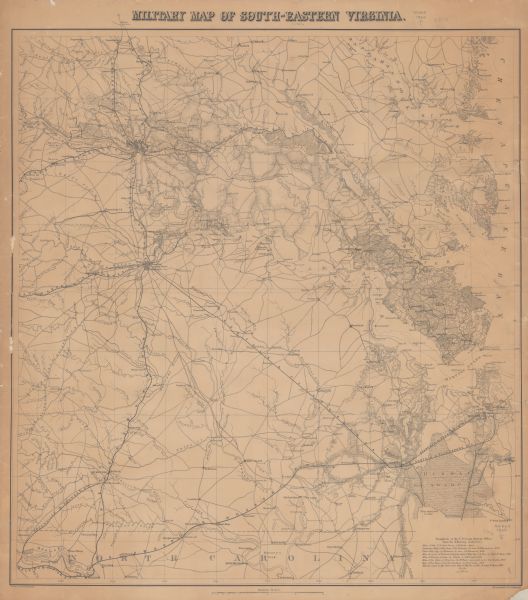 Map of southeastern Virginia indicating fortifications, towns, roads, railroads, drainage, and some vegetation.

2 sheets, each mounted on 1 sheet.
