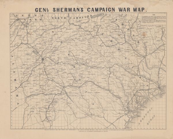Map covering most of Georgia and South Carolina, showing defenses along the seacoast and around the principal towns, Confederate prisons at Andersonville and south of Millen, Ga., roads, railroads, towns, drainage, and relief by hachures. Horizontal and upright lines represent five miles square.