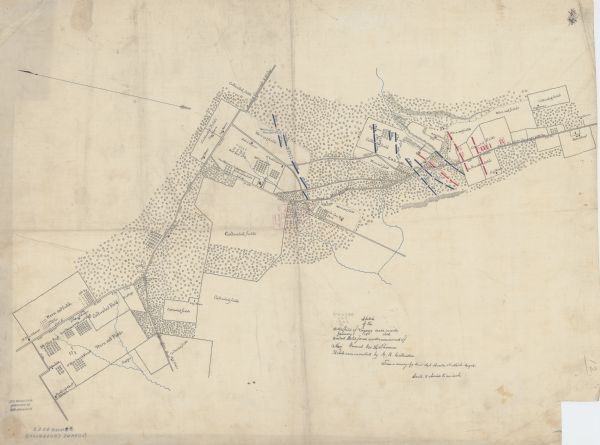 Pen and ink tracing showing the positions of Union and Confederate soldiers, troop camps, location of graves, roads, drainage, vegetation, houses, and fences at the Battle of Logan's Crossroads, also known as the Battle of Mill Springs, Jan. 19, 1862.