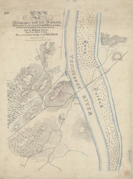 Undated map, a pen and ink drawing, showing the Confederate defense lines established at Bridgeport, Alabama.