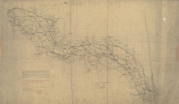 This pen and ink map sketches the route taken by General Sherman's troops from Atlanta, Georgia, to Savannah, Georgia. Railroads, rivers, and towns are labeled.