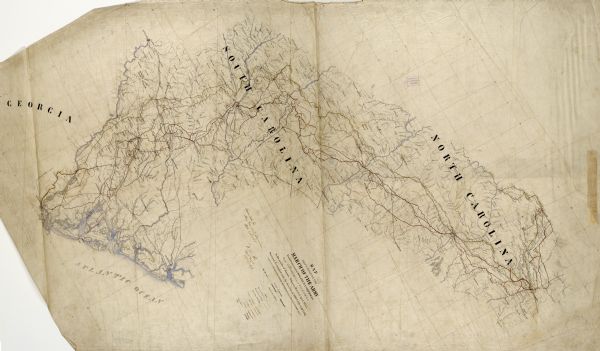 This pen and ink tracing illustrates the route traveled by Sherman's troops through Georgia, South Carolina, and North Carolina in the winter and spring of 1865.