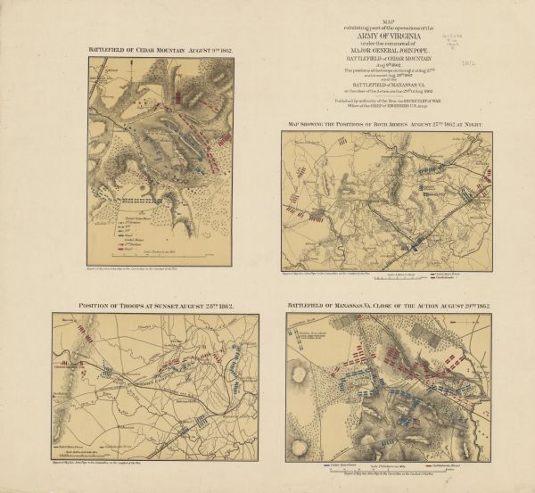This map consists of four separate panels. The first illustrates the battlefield at Cedar Mountain on Aug. 9, 1862, where the 3rd Wisconsin Infantry fought. The other three panels illustrate the battlefield at Manassas during the Second Battle of Bull Run. The 2nd Wisconsin Infantry, 3rd Wisconsin Infantry, 5th Wisconsin Infantry, 6th Wisconsin Infantry, and 7th Wisconsin Infantry, having recently fought at Gainesville, provided the rear guard and protected the retreating Union army at the Second Battle of Bull Run, losing 588 men killed or wounded.