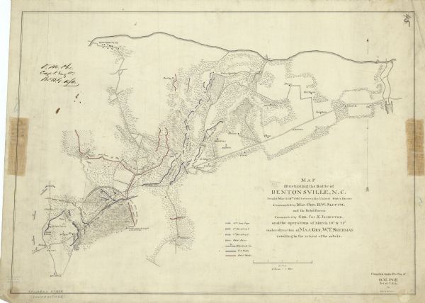 This map of the Bentonville, N.C., battlefield illustrates the positions of the Union and the Confederate troops, roads, rivers, vegetation, and the names of residents. The battle of Bentonville, North Carolina, took place on March 19-20, 1865, as the Union troops advanced north toward Virginia. Evenly matched forces of about 17,000 soldiers traded attacks for 24 hours until the Confederates retreated. The 3rd Wisconsin Infantry, 12th Wisconsin Infantry, 16th Wisconsin Infantry, 21st Wisconsin Infantry, 22nd Wisconsin Infantry, 25th Wisconsin Infantry, 26th Wisconsin Infantry, 31st Wisconsin Infantry, and 32nd Wisconsin Infantry regiments and 5th Wisconsin Light Artillery and 12th Wisconsin Light Artillery batteries took part in the Battle of Bentonville, which occurred March 19-21, 1865.