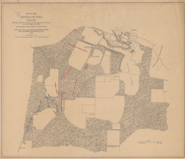 This map of the Battle of Iuka depicts the May 19, 1862, positions of the Union forces in blue and Confederate in red. Indicated on the map are roads, the "route to heights commanding Fulton Road" street pattern and buildings in Iuka, houses and names of residents in outlying areas, fences, "Memphis & Charleston R.R." vegetation, drainage, and relief by hachures. The 8th Wisconsin Infantry, 14th Wisconsin Infantry, and 16th Wisconsin Infantry regiments and the 8th Wisconsin Light Artillery and 12th Wisconsin Light Artillery batteries were present at Iuka but saw little or no action.