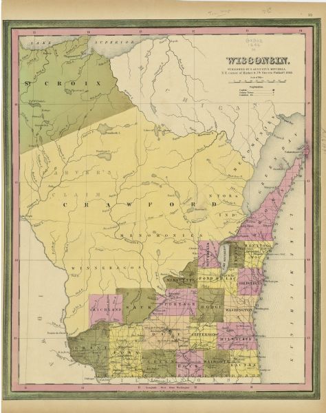 Drawn two years before Wisconsin entered statehood, this map shows the counties and towns that existed at the time, as well as known rivers and lakes. By 1846, most of the modern south/southeastern counties were already in existence.
