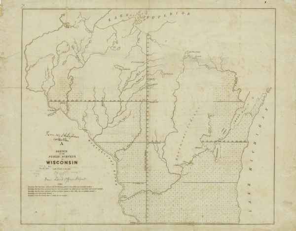 A map of Wisconsin and a portion of Minnesota that show the township surveys in progress in portions of the Saint Croix River region and in central Wisconsin along the Fourth Principal Meridian.  Much of northern Wisconsin and all of the Menominee Indian, as well as the Oneida Indians lands remain un-surveyed.  Surveys have been completed in the area south and east of the Wisconsin and Fox rivers.  The approximate scale of the map is 1:1,140,480 (18 miles to an inch).