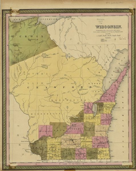 In 1847, a year before Wisconsin entered statehood, most of the county shapes in southeastern and southern Wisconsin looked the same as they do today, whereas middle and northern Wisconsin were still carved into larger provinces including Crawford, Menomonee, Winnebago and St. Croix. This colored map shows county boundaries, rivers, and lakes of that year.