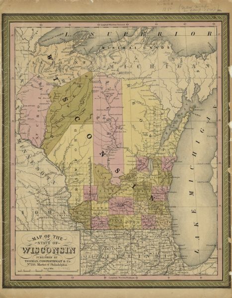 A hand-colored map showing portions of present-day Iron and Vilas counties north of the Manitowish River as part of the Upper Peninsula of Michigan. The Wisconsin counties in existence at the time are shown, although Marathon and Kenosha counties are not yet depicted. The map also shows the location of the Battle of Bad Axe, the locations of missions, U.S. agencies, and the forts Howard and Crawford. The approximate scale of the map is 1:1,890,000.