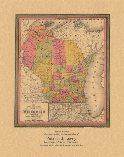 A map that was originally published around 1851 in S. Augustus Mitchell's New universal atlas, shows portions of present-day Iron and Vilas counties north of the Manitowish River as part of the Upper Peninsula of Michigan. The Wisconsin counties in existence at the time, including Marathon, Kenosha, La Crosse, Bad Axe, Door, Outagamie, Waupaca, Waushara, and Oconto counties, are depicted. The map also shows the location of missions groups, U. S. agencies, and the Fort Crawford.  The map differs from earlier editions with inclusion of more stage roads in central Wisconsin. Relief shown by hachures. The approximate scale of the map is 1:2,743,200.