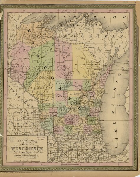 A hand-colored map showing portions of present-day Iron and Vilas counties north of the Manitowish River as part of the Upper Peninsula of Michigan. The Wisconsin counties in existence at the time, including Marathon, Kenosha, La Crosse, Bad Axe, Door, Outagamie, Waupaca, Waushara, and Oconto counties, are depicted. The map also shows the location of missions groups, U.S. agencies, and the Fort Crawford. The map differs from earlier editions with inclusion of more stage roads in central Wisconsin. The approximate scale of the map is 1:1,790,000.