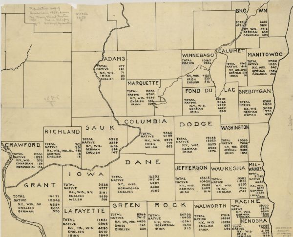 A hand-sketched map representing 1850 data of southern and eastern Wisconsin displaying the demographical breakouts for the counties in those areas, showing those that are native-born, born in other states, as well as those of Irish, German, Welsh, Norwegian, and Swiss birth.