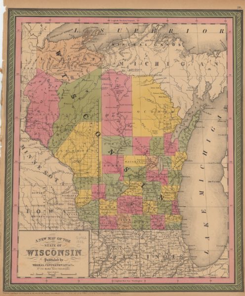 Map shows Wisconsin counties by color and includes rivers, lakes and some cities. This information is also given for eastern Minnesota and northern Illinois. The map differs from later editions by excluding a legend and the counties of Ozaukee, Monroe, Kewaunee, Shawano, Jackson, Trempealeau, Buffalo, Pierce, Dunn, Polk and Douglas. The railroad from Milwaukee only extends as far as Waukesha.