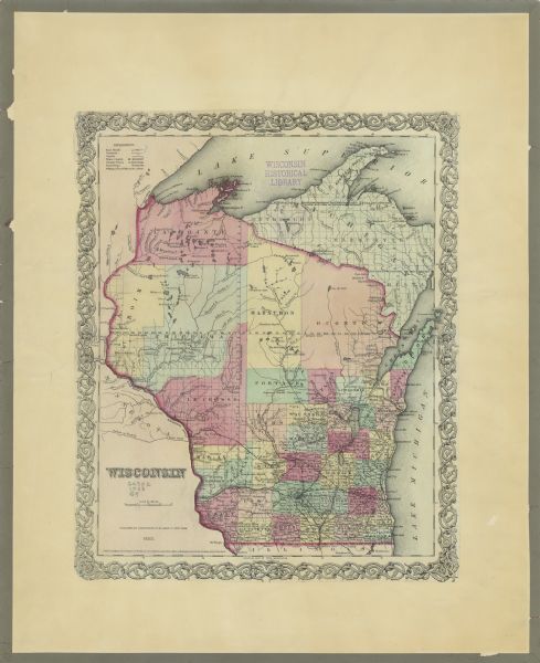 Wisconsin counties by color and shows railroads, common roads, canals, the state capital, county towns, townships, villages, and post offices,