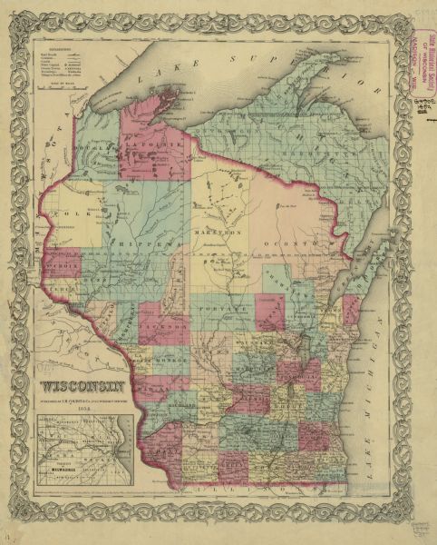 Map of the whole state Wisconsin includes an inset of the vicinity of Milwaukee, which shows the boundaries for Lisbon, Menomonee, Pewaukee, Brookfield, Wauwautosa, Waukesha, New Berlin, Greenfield and New Berlin. The larger map indicates railroads, common roads, canals, the state capital, county towns, townships, villages and post offices.
