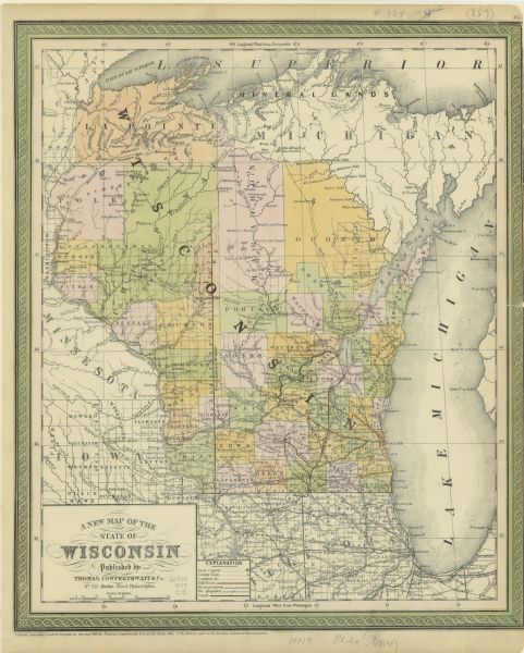 This map shows portions of present-day Iron and Vilas counties north of the Manitowish River as part of the Upper Peninsula of Michigan. The Wisconsin counties in existence at the time are depicted. This map differs from earlier editions with the addition of a legend and the inclusion of Pierce, Buffalo, Jackson, and Clarke counties in the northwestern part of the state.