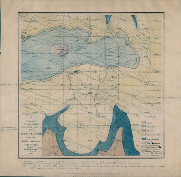 This 1867 manuscript map by Increase Lapham shows the topography and geology of the Blue Mounds region in the Town of Brigham in Iowa County and the towns of Blue Mounds and Vermont in Dane County, Wisconsin. Relief is shown by contours and hachures. Roads, streams, forts, houses, sinks, bluffs, and diggings are shown and a color-coded key to the area's geology is provided. 
