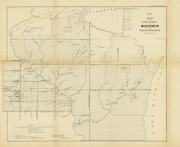 Map of the Wisconsin and the Minnesota Territory showing the status of township surveys in Wisconsin and southeastern Minnesota.  The Wisconsin reservations of the Oneida, Menominee, Stockbridge, and Brothertown Indians, the Winnebago reservation south of Mankato, Minnesota, and the Menominee Cession of 1848 are shown.