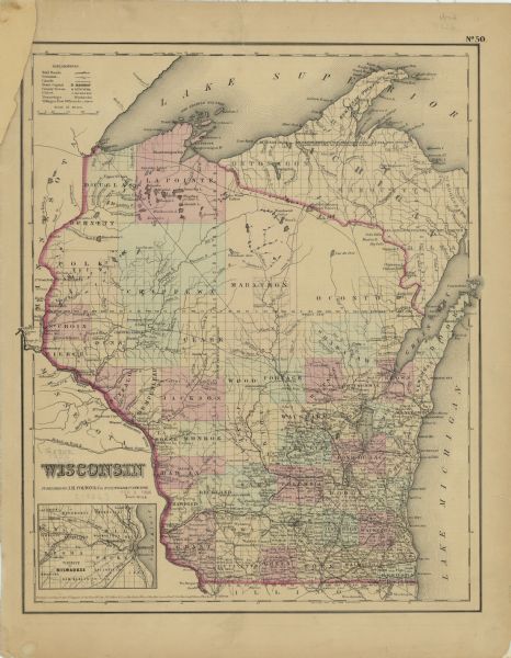 A hand-colored map of Wisconsin, showing the county boundaries, towns, cities, railroads, roads, lakes, rivers, bays, and the Lake Superior’s islands.  In the inset, it depicts the area around Milwaukee and shows the locations of post offices as well as the towns of Lisbon, Marcy, Good Hope, Wauwatosa, Milwaukee, and Waukesha.  The scale of the map is about: 1:1,660,000.