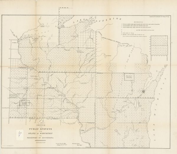 A map of the state of Wisconsin and the southeastern portion of the Territory of Minnesota, showing the Wisconsin reservations of the Oneida, Menominee, Stockbridge, and Brothertown Indians, the Winnebago reservation south of Mankato, Minnesota, and the Menominee Cession of 1848 are shown.  Also depicted in the map are the towns of Winona, Minnesota and Prairie do Chien, Wisconsin.  The approximate scale of the map is 1:1,140,480 (18 miles to an inch).