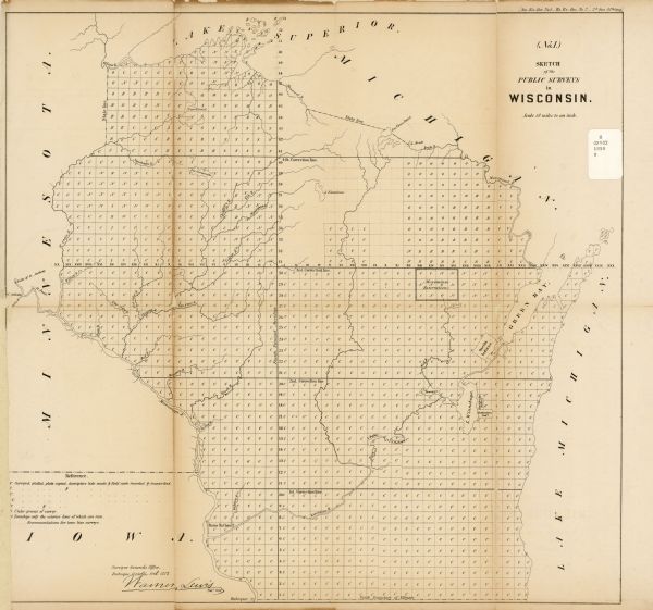 A survey map that shows the status of township surveys in Wisconsin. At that point, the majority of the state had been surveyed and platted, with the area in north-central Wisconsin between the mouth of the Montreal River and Brule Lake the only area remaining to be surveyed. The Wisconsin reservations of the Oneida, Menominee, Stockbridge, and Brothertown Indians are shown. The approximate scale of the map is 1:1,140,480 (18 miles to an inch)