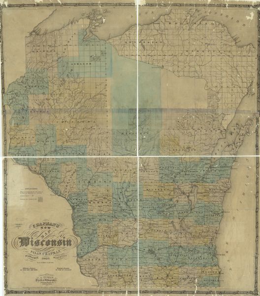 A map of Wisconsin showing the railroads, rivers, counties, cities, villages, and named towns in the state, as well as the township grid for the portion of the state that had been surveyed. Barron County was then named Dallas County. The map also includes the locations of the Oneida and Chippewa Indian Reservations.