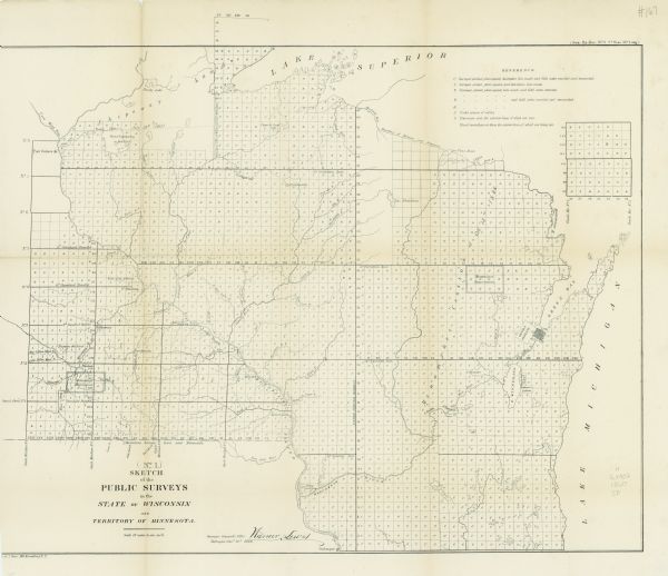 A survey map of Wisconsin, southeastern Minnesota, and northern Iowa, showing the status of surveys, rivers, and lakes. The map also shows the locations of Fort Snelling and Fort Gaines in Minnesota, the location of reservations for the Winnebago, Menominee, Oneida, and the Chipeway [Chippewa] lands. The scale of the map is: 18 miles per inch.