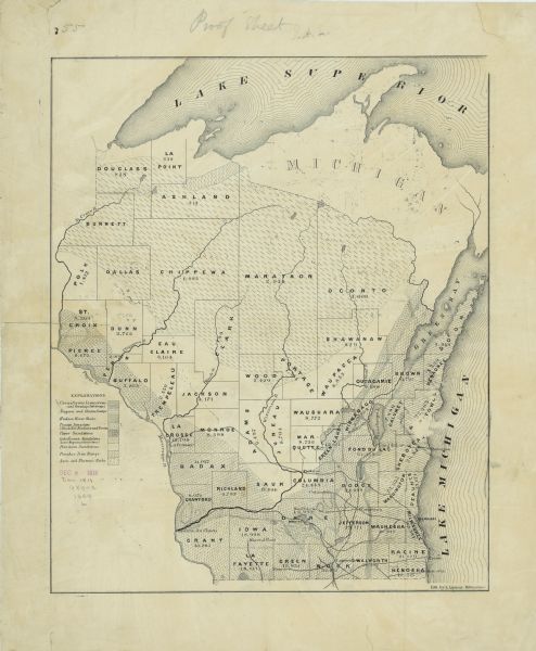 A geological map of Wisconsin that shows the locations of different rock deposits such as limestone, sandstone, shale, plutonic and the Penokee Iron Range. Also included in the map are the county populations.