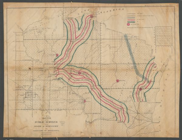 A hand-colored survey map of southeastern Minnesota and Wisconsin, showing the locations of railroads, land grant railroads, land offices, and the 6 and 15 mile limits of land grants.