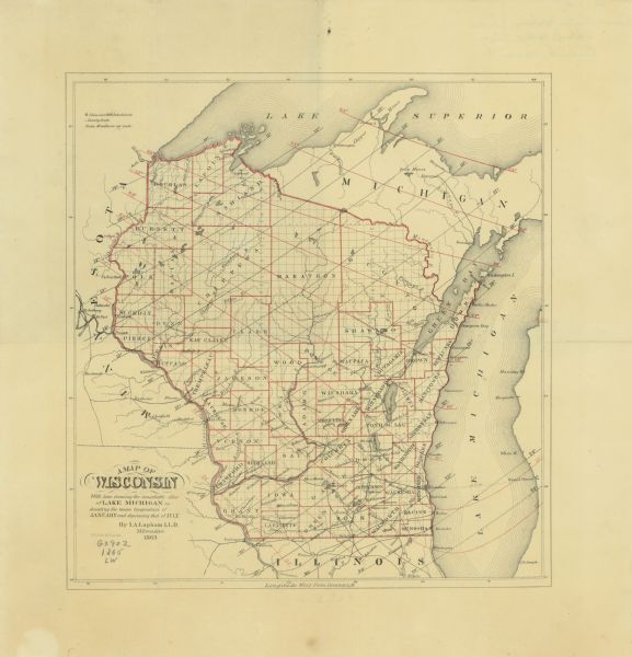 Drawn the last year of the Civil War, this thematic map shows the effects that Lake Michigan has had on Wisconsin temperatures in January and July. The map shows counties, cities of over 3,000 inhabitants, rivers and lakes.