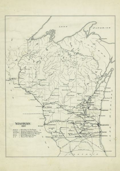 A pen on paper, hand-drawn map that shows the railroads, rivers, county outlines, and cities and villages in Wisconsin, northern Illinois, and the western portion of the Upper Peninsula of Michigan.
