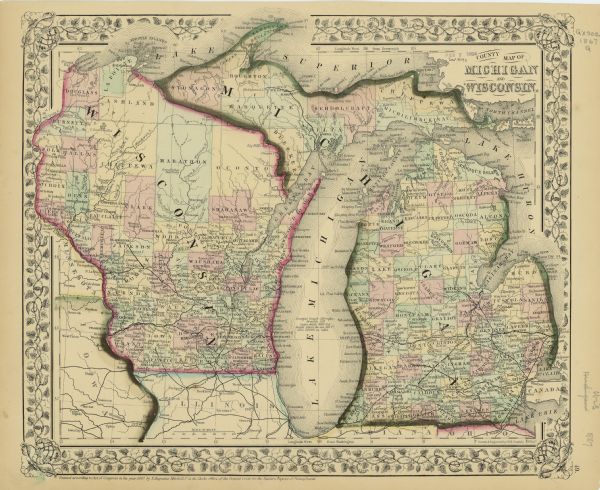 A pen on paper, hand-drawn and colored map of Wisconsin and Michigan, showing counties, cities and villages, rivers and lakes, as well as railroads are in these areas. Other areas included, but not detailed are portions of eastern Minnesota and Iowa and northern Illinois.
