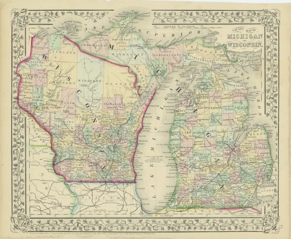 A pen on paper, hand-drawn and colored map of Wisconsin and Michigan, showing counties, cities and villages, rivers and lakes, as well as railroads are in these areas, as well as the rail link between Glenbeulah and Fond du Lac, Wisconsin, and the counties of Dallas and Ashland. Other areas included, but not detailed are portions of eastern Minnesota and Iowa and northern Illinois.