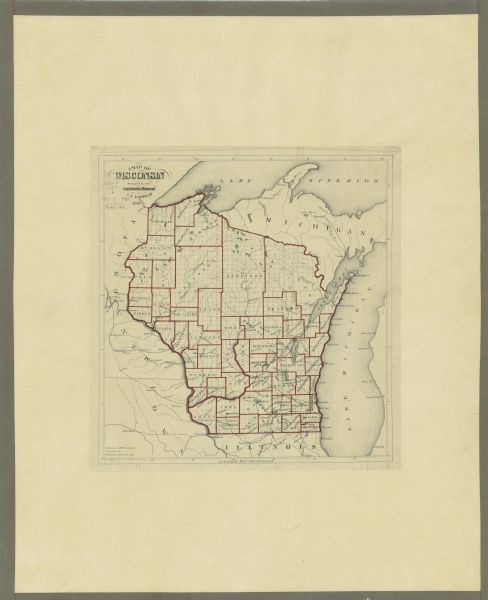 Map of the entire state indicates county boundaries outlined in red, cities of over 3000 inhabitants and county seats. It also marks rivers and lakes.
