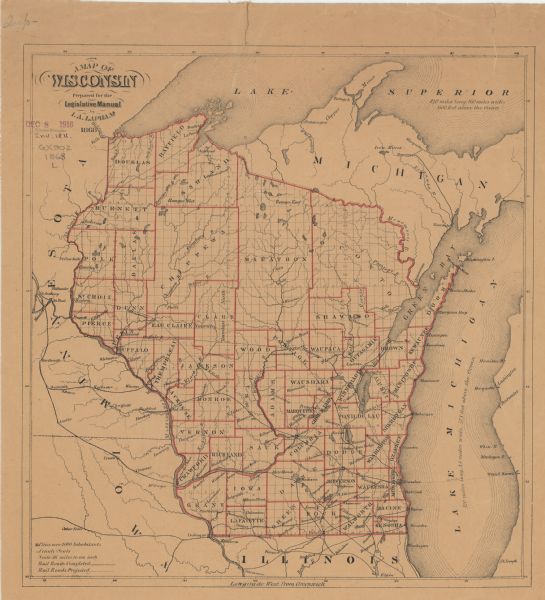 This map of the entire state shows county boundaries outlined in red, cities of over 3000 inhabitants and county seats. It also marks rivers, lakes, railroads completed, railroads projected, and part of the bordering states of Michigan, Illinois, Iowa and Minnesota.
