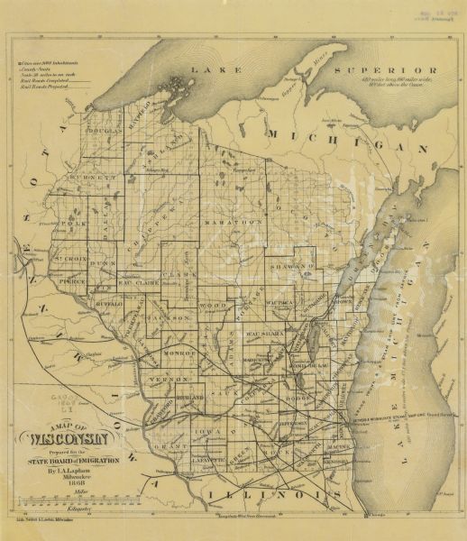 Prepared for the State Board of Emigration in 1868, this map shows county boundaries, some cities, and completed and projected railroads.